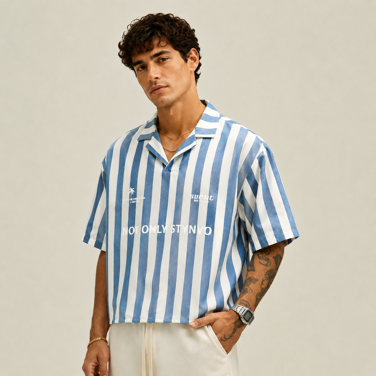 Casual Boxy Fit Striped Short Sleeve Camp Collar Shirt For Men