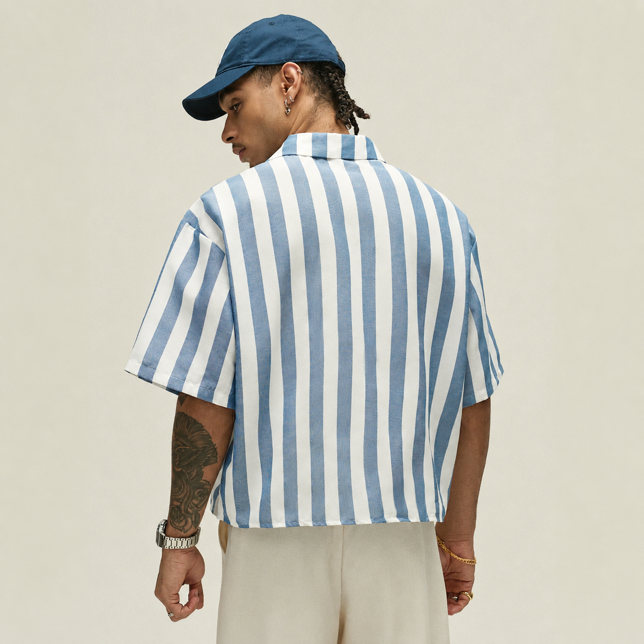 Casual Boxy Fit Striped Short Sleeve Camp Collar Shirt For Men
