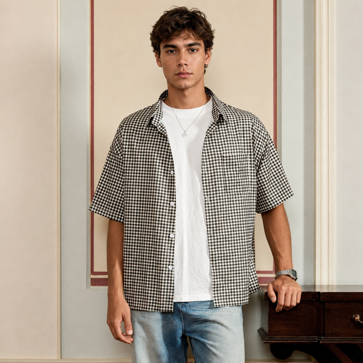 Loose Fit Classic Checkered Short Sleeve Button Up Casual Shirt For Men