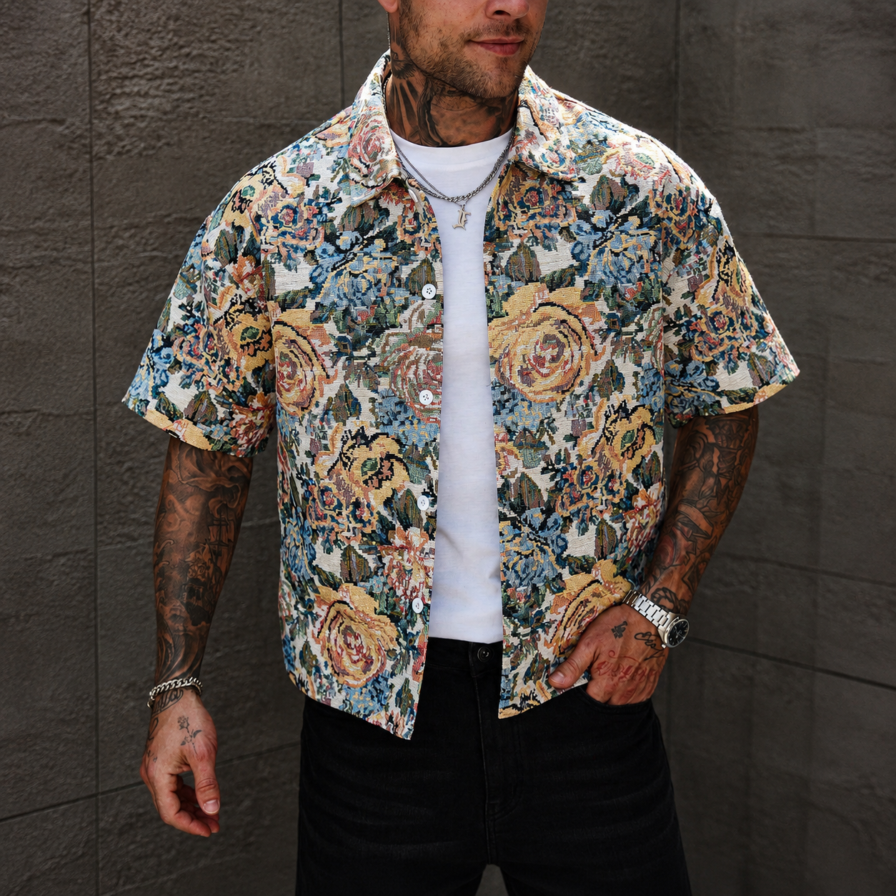 Printed Short Sleeve Button Down Casual Vacation Shirt For Men