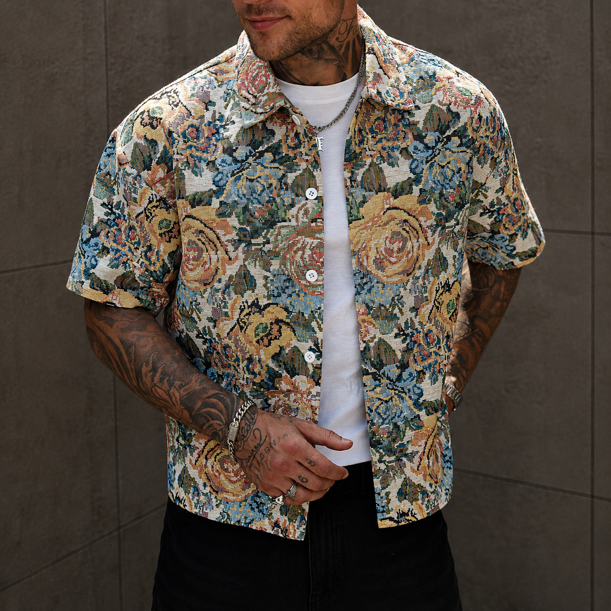 Printed Short Sleeve Button Down Casual Vacation Shirt For Men