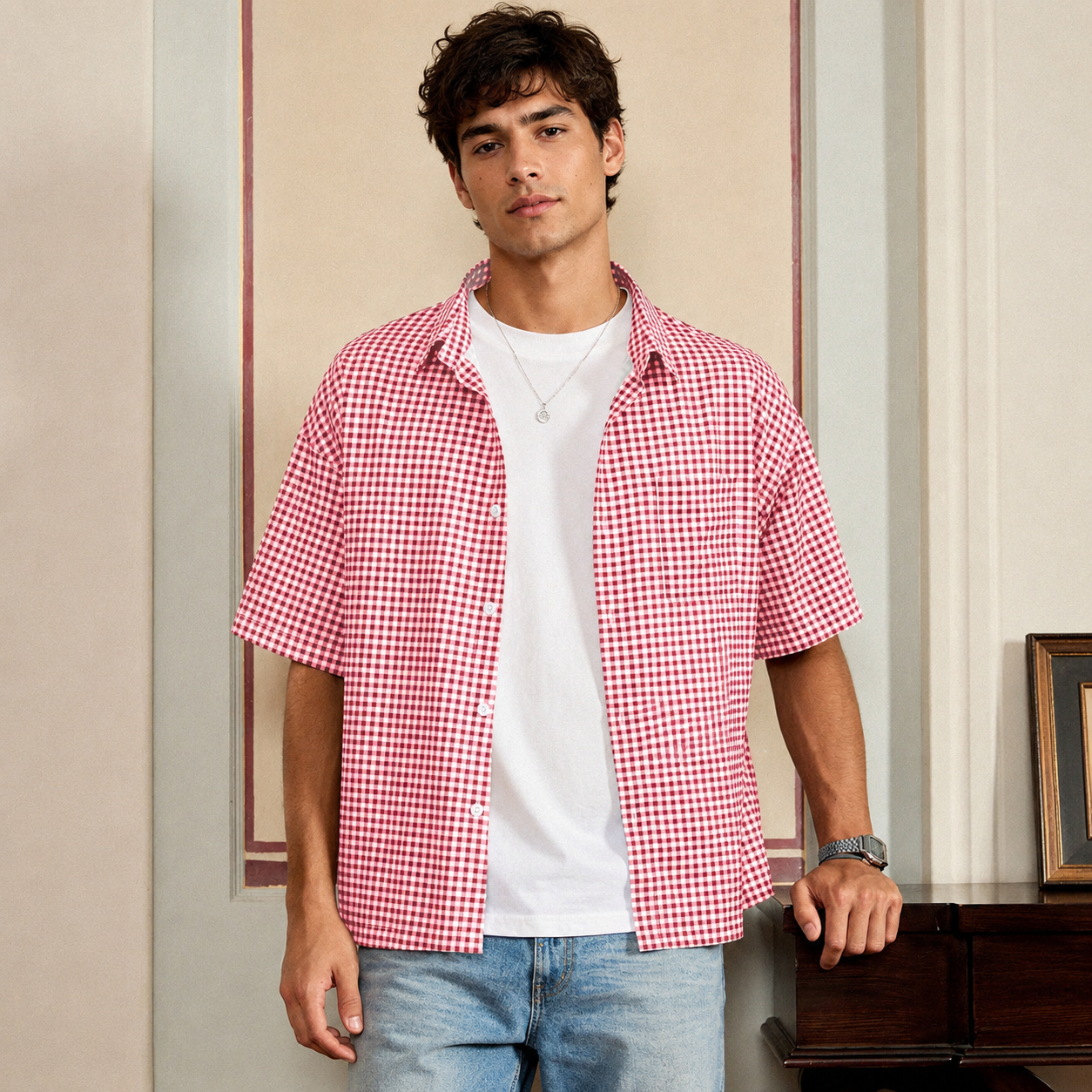 Loose Fit Classic Checkered Short Sleeve Button Up Casual Shirt For Men