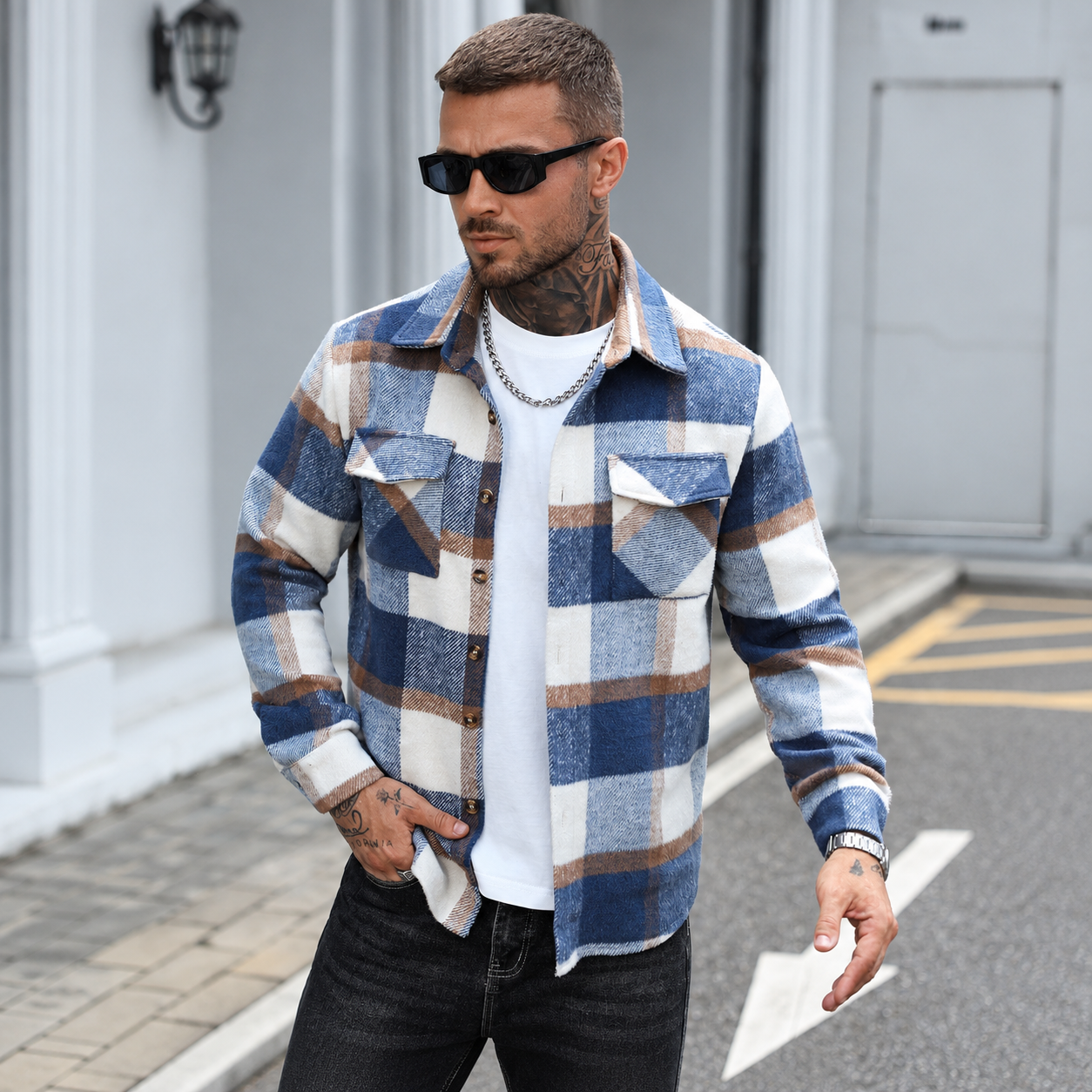 Regular Plaid Long Sleeve Button Front Jacket For Men