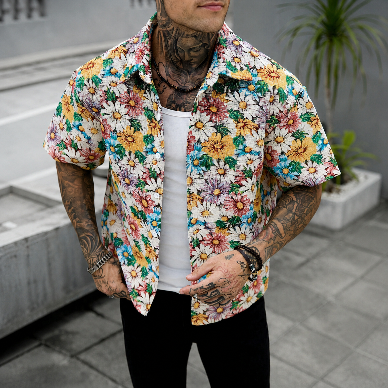 Printed Short Sleeve Button Down Casual Vacation Shirt For Men