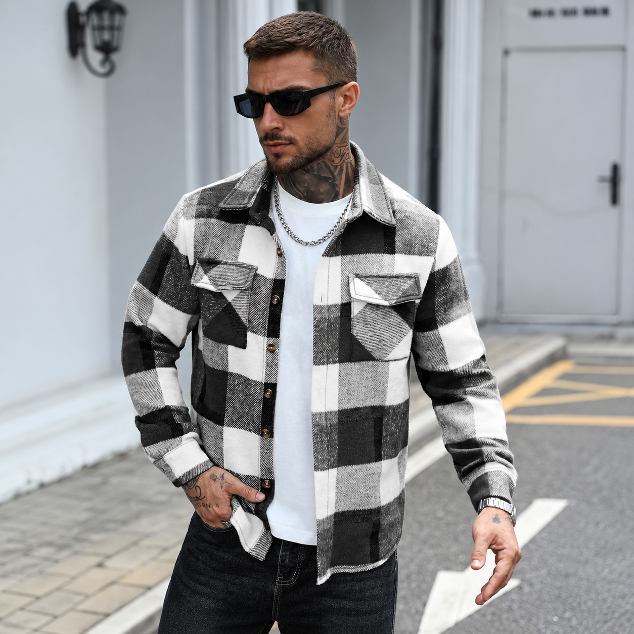 Regular Plaid Long Sleeve Button Front Jacket For Men