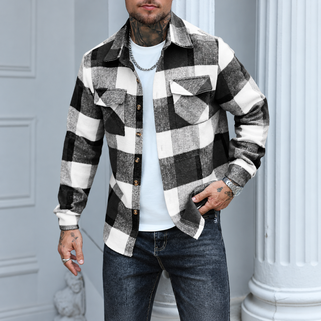 Regular Plaid Long Sleeve Button Front Jacket For Men