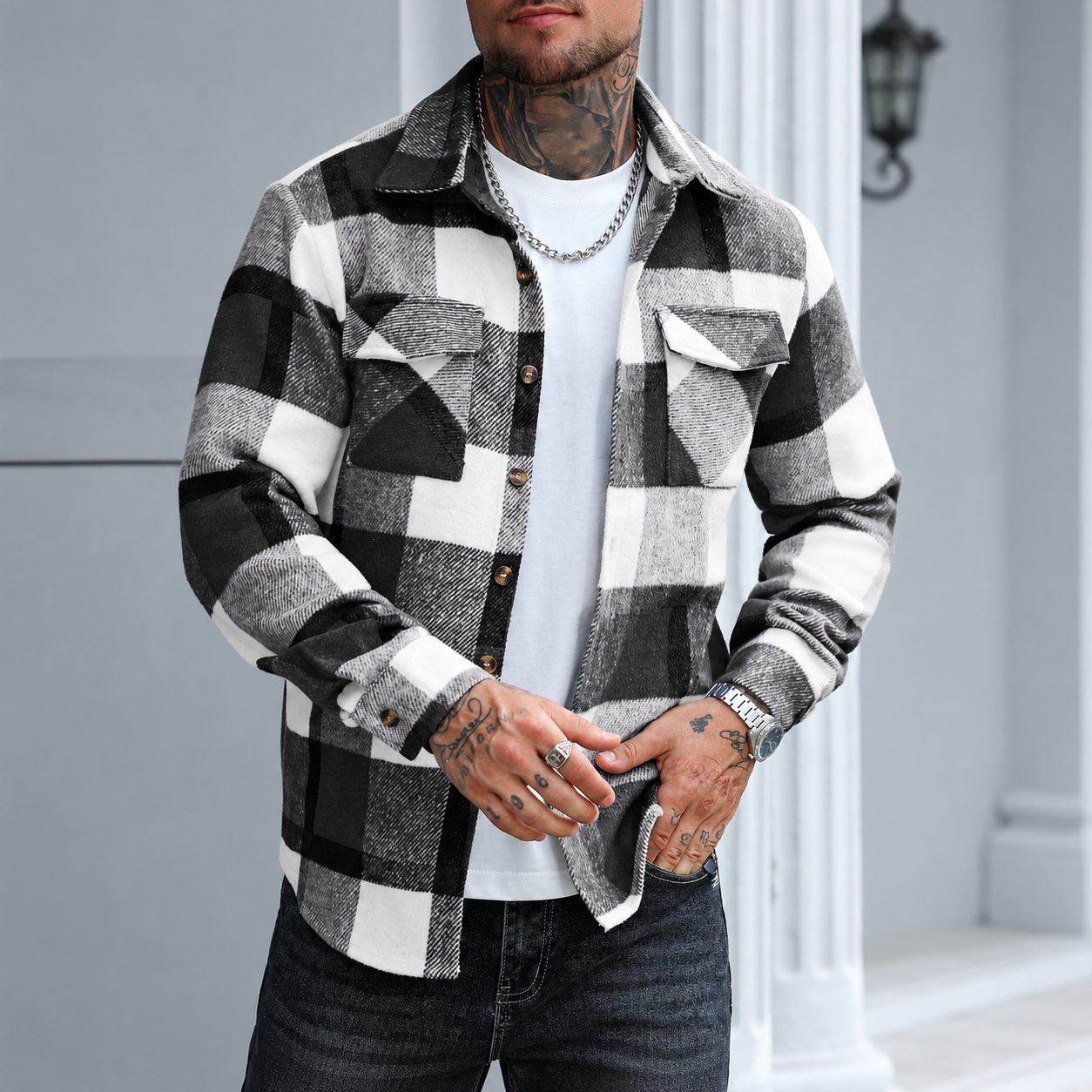 Regular Plaid Long Sleeve Button Front Jacket For Men