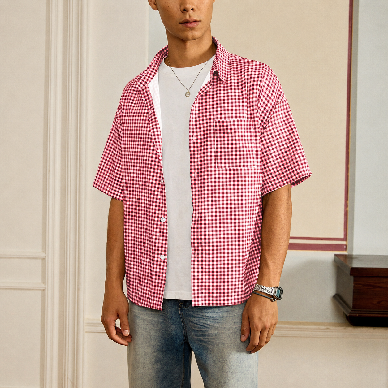 Loose Fit Classic Checkered Short Sleeve Button Up Casual Shirt For Men
