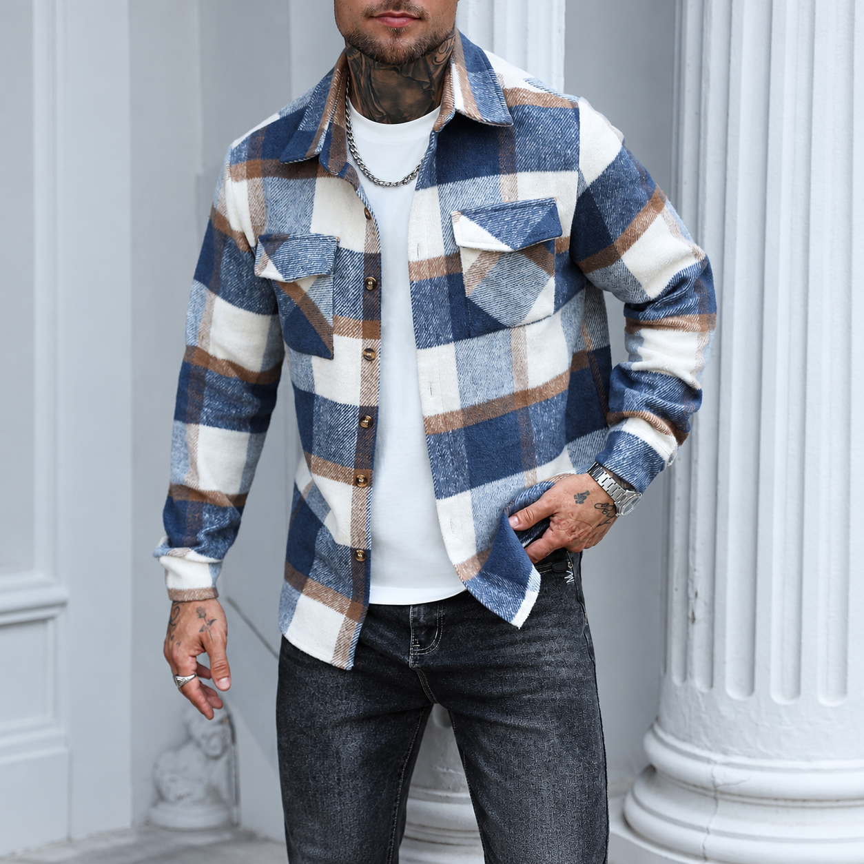 Regular Plaid Long Sleeve Button Front Jacket For Men