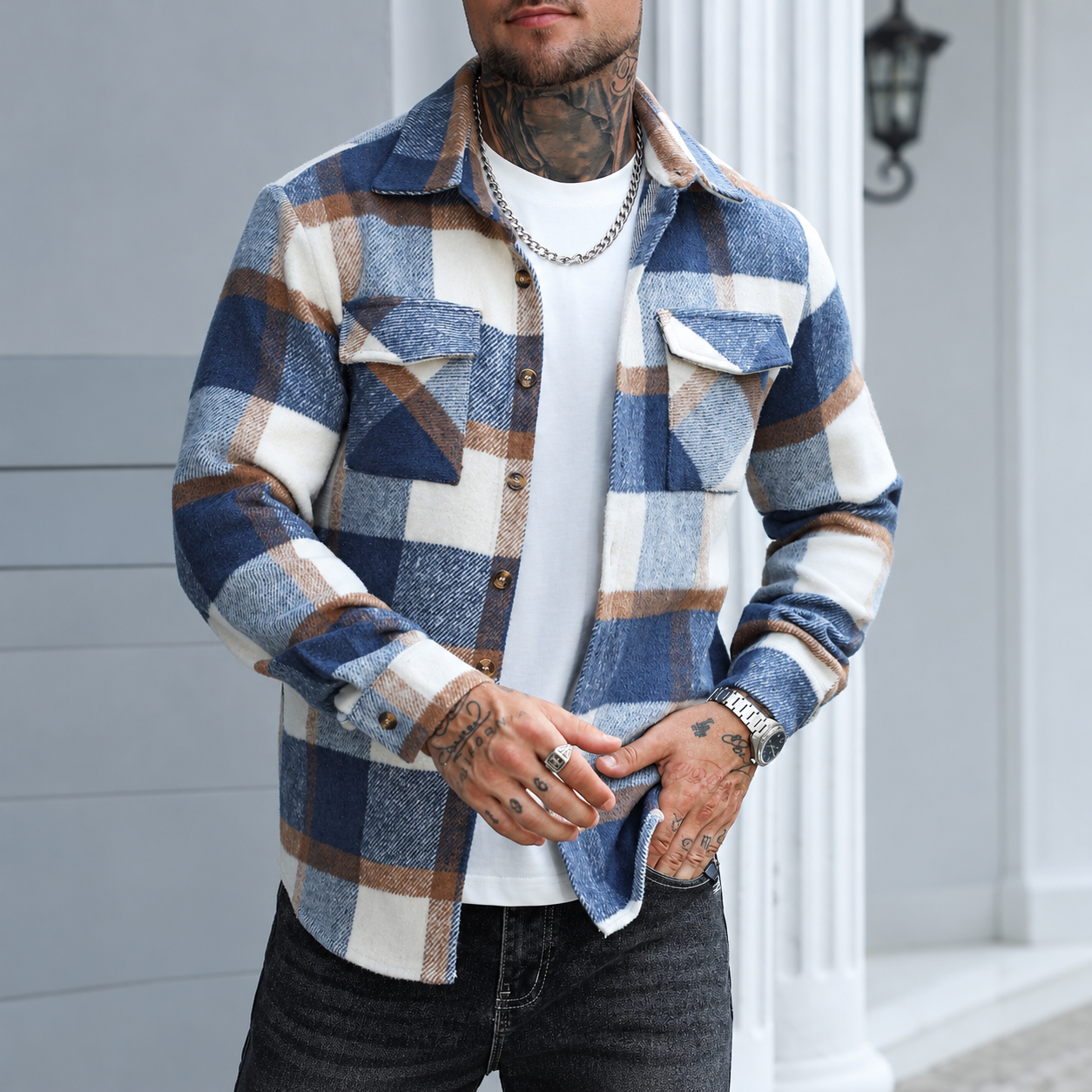 Regular Plaid Long Sleeve Button Front Jacket For Men