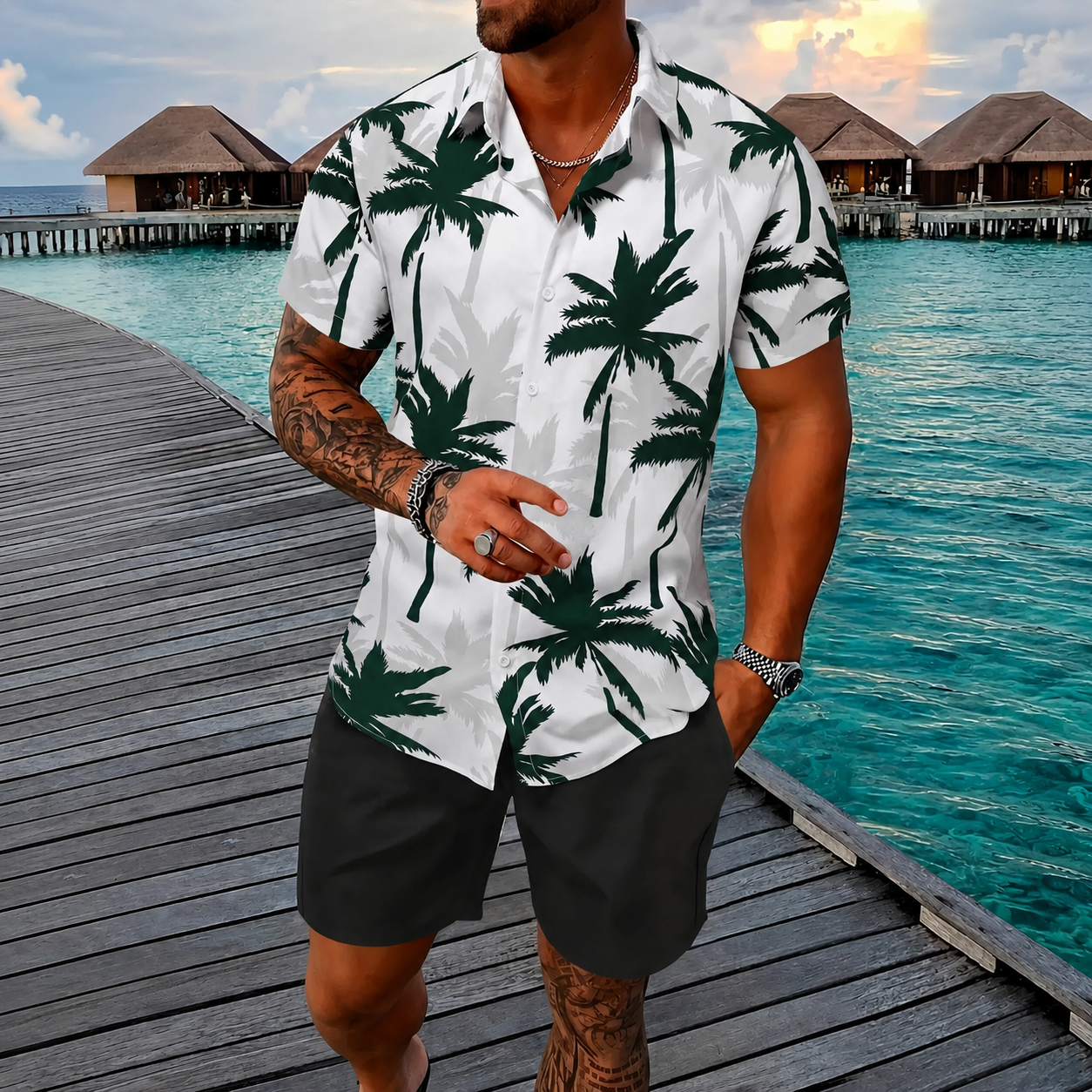 Tropical Palm Print Short Sleeve Casual Summer Button Up Shirt For Men