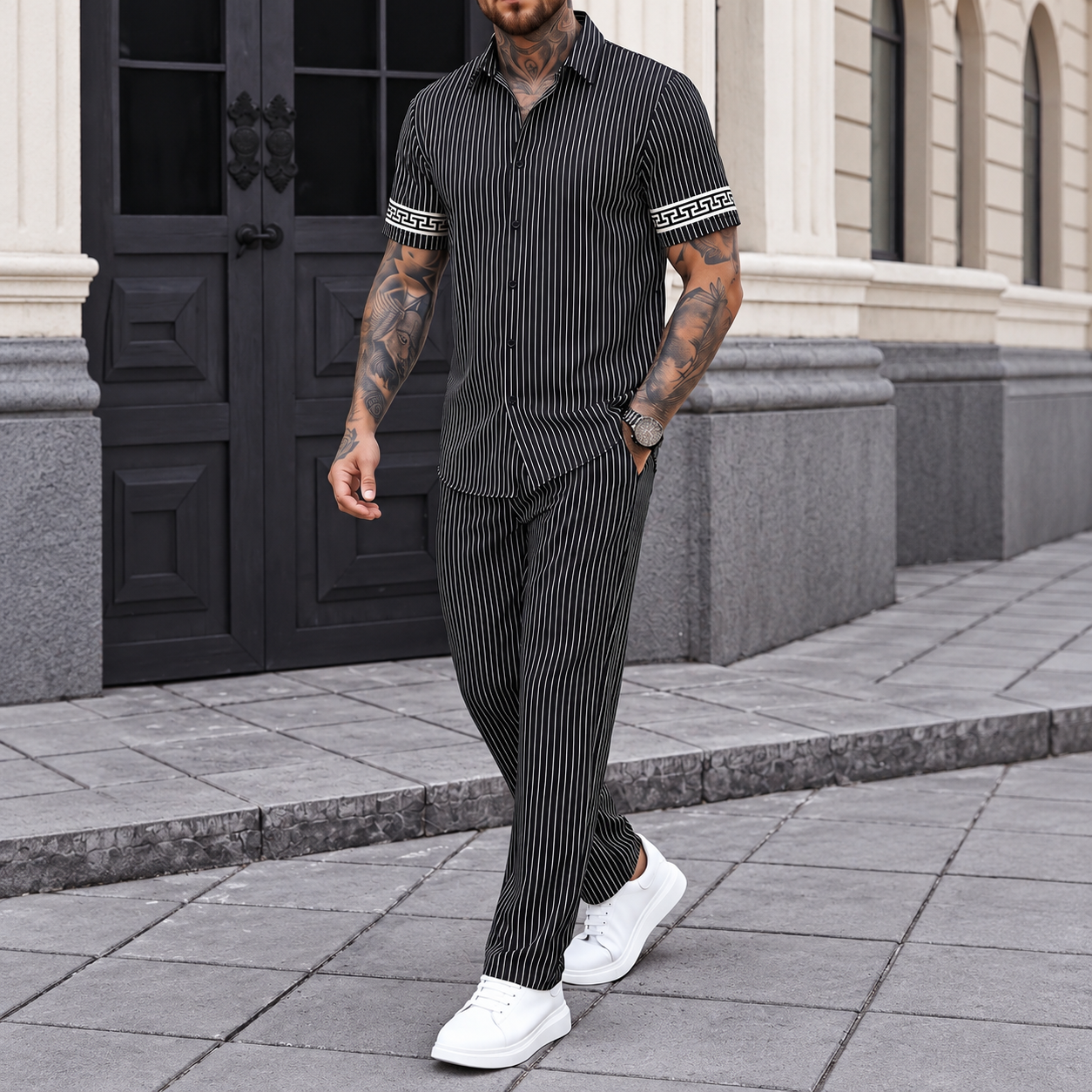 2 Pieces Blend Henley Shirt And Pants Set For Men