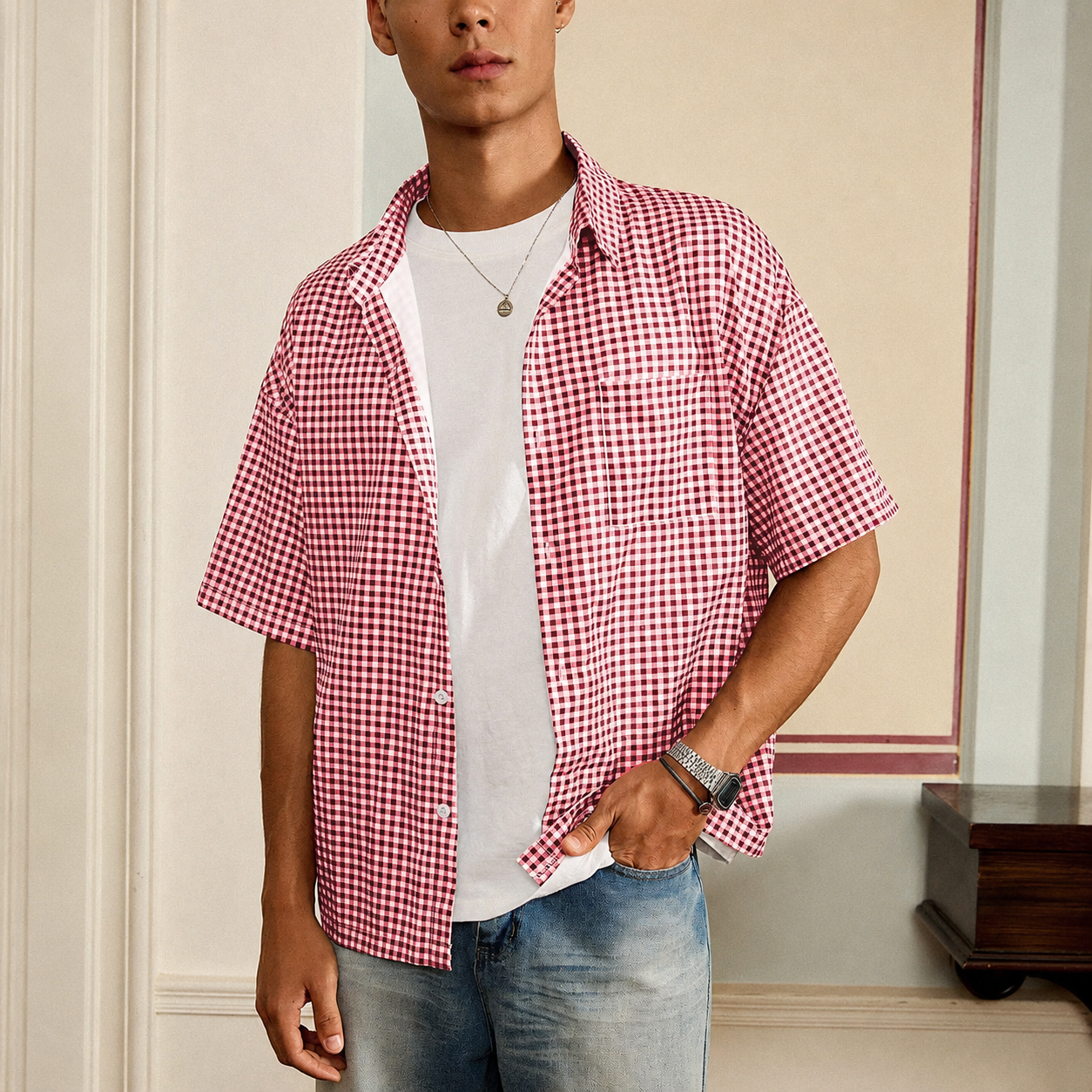 Loose Fit Classic Checkered Short Sleeve Button Up Casual Shirt For Men