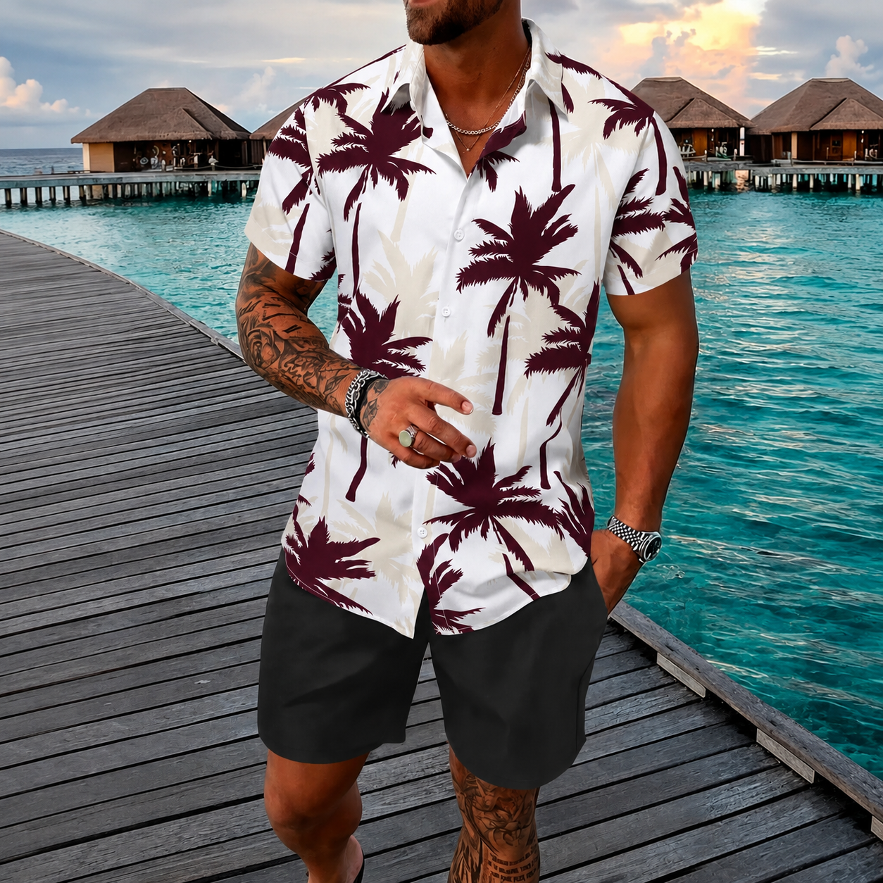 Tropical Palm Print Short Sleeve Casual Summer Button Up Shirt For Men