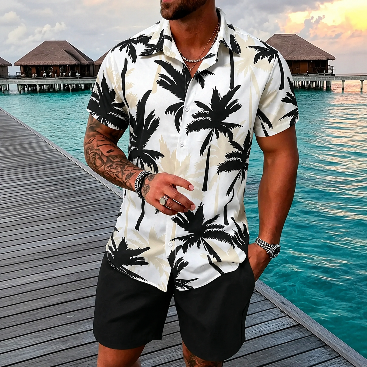 Tropical Palm Print Short Sleeve Casual Summer Button Up Shirt For Men