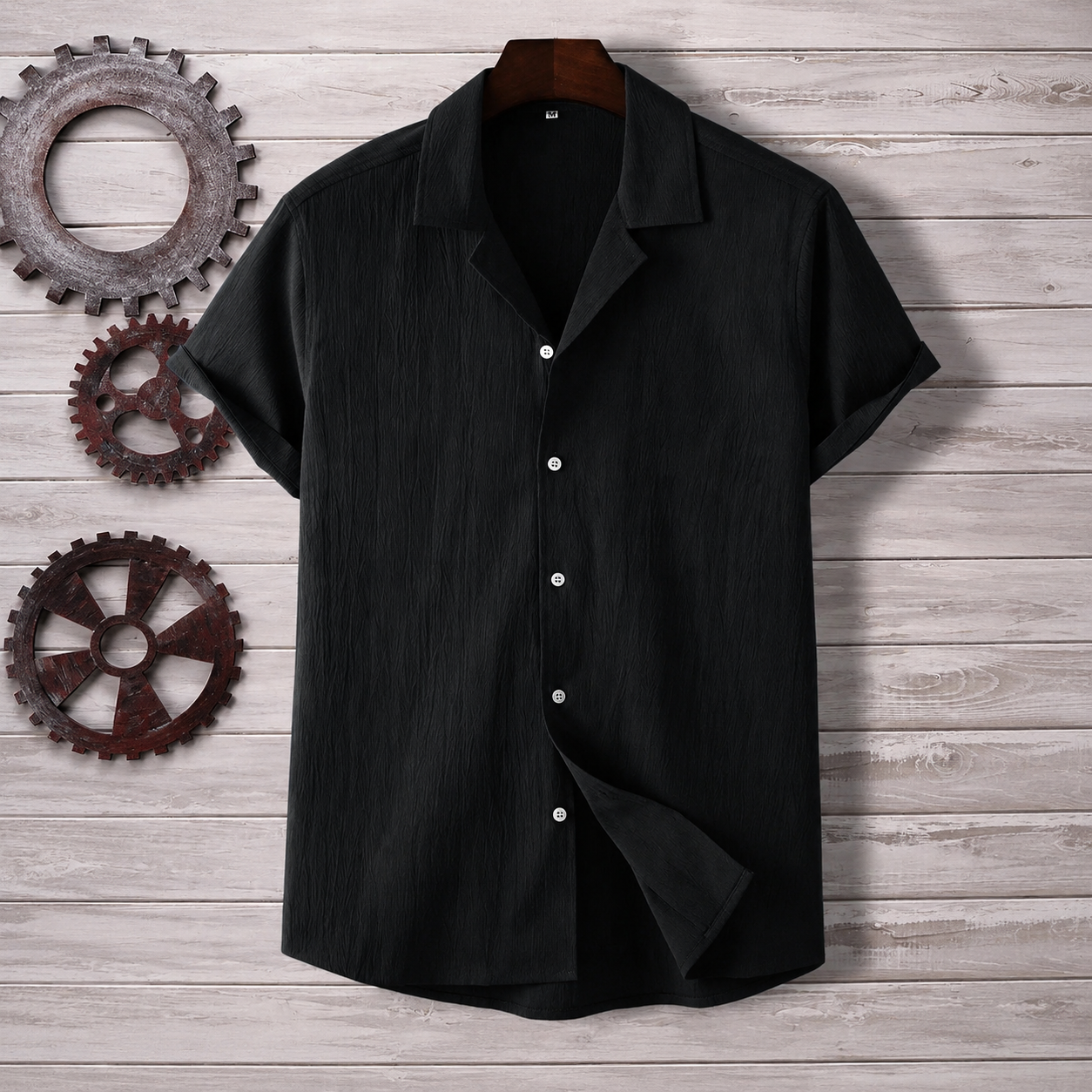 Casual Textured Lapel Collar Short Sleeve Button Up Shirt For Men