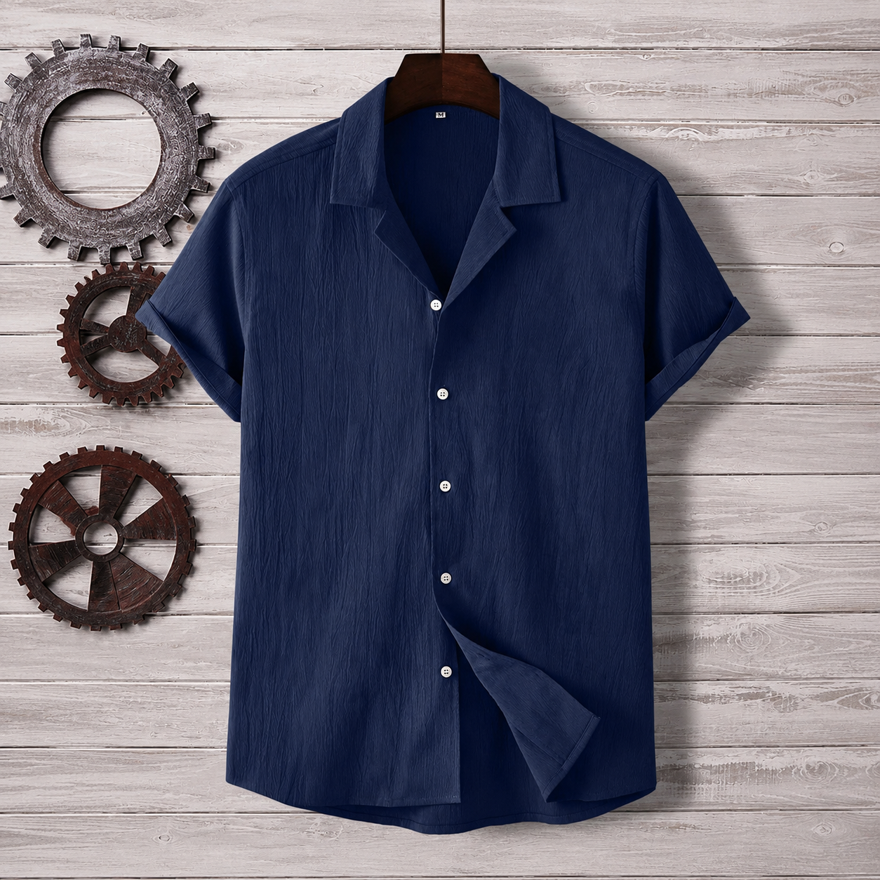 Casual Textured Lapel Collar Short Sleeve Button Up Shirt For Men