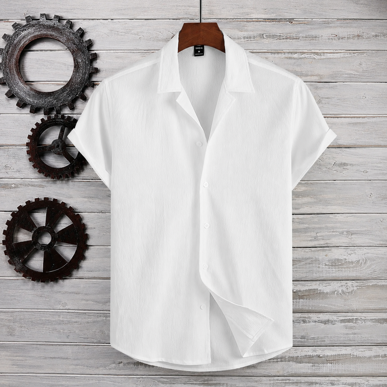 Casual Textured Lapel Collar Short Sleeve Button Up Shirt For Men