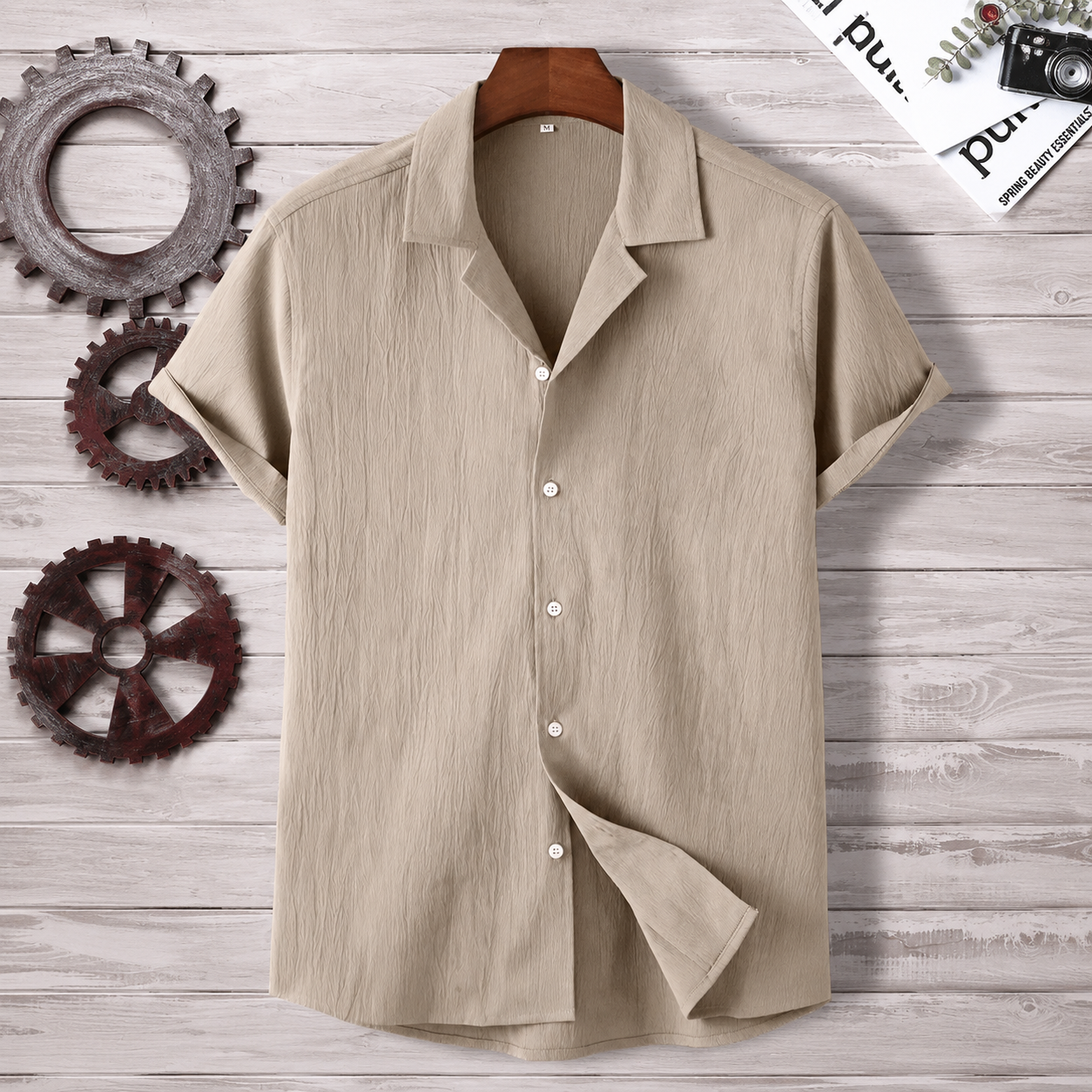 Casual Textured Lapel Collar Short Sleeve Button Up Shirt For Men