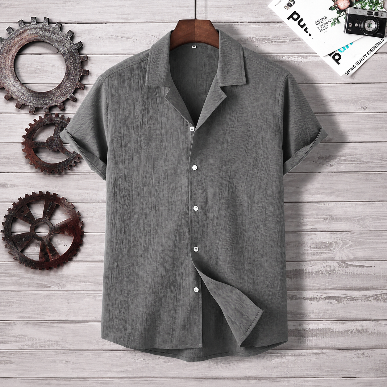 Casual Textured Lapel Collar Short Sleeve Button Up Shirt For Men