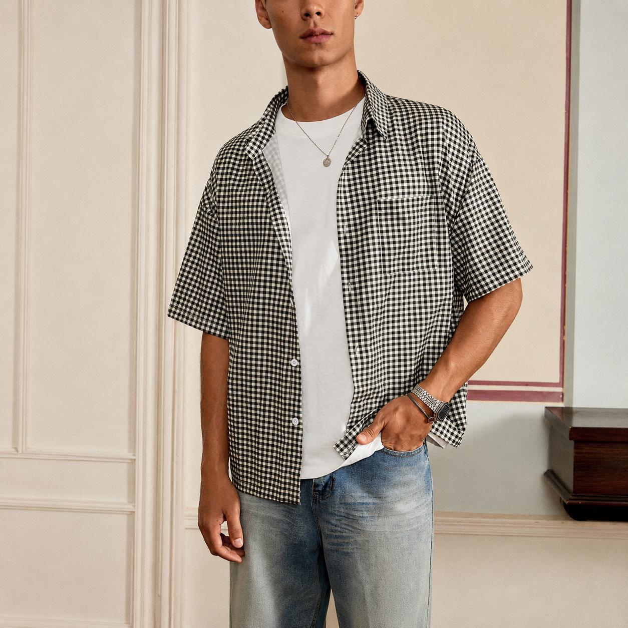 Loose Fit Classic Checkered Short Sleeve Button Up Casual Shirt For Men