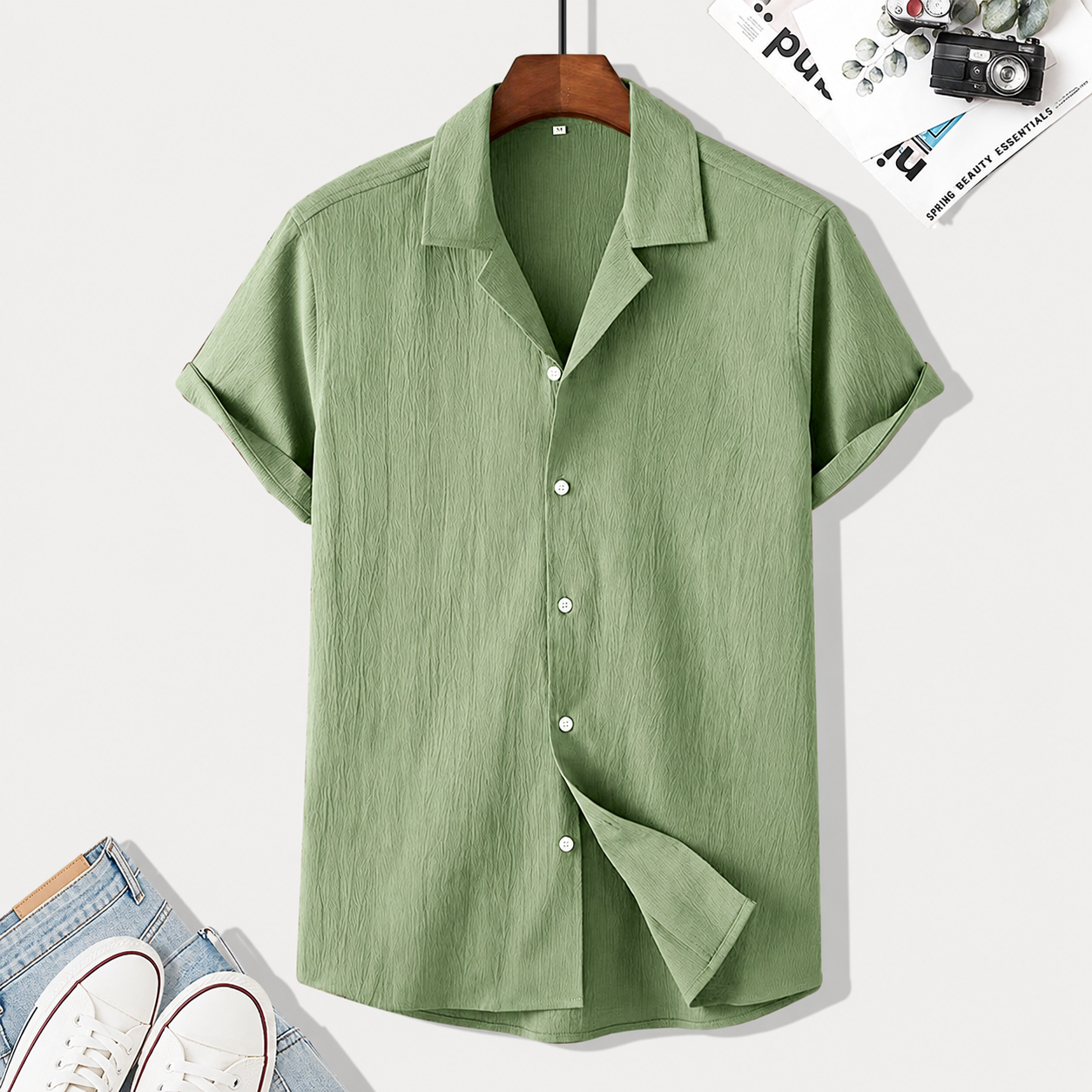 Casual Textured Lapel Collar Short Sleeve Button Up Shirt For Men