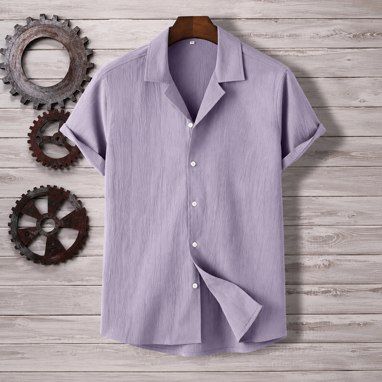 Casual Textured Lapel Collar Short Sleeve Button Up Shirt For Men