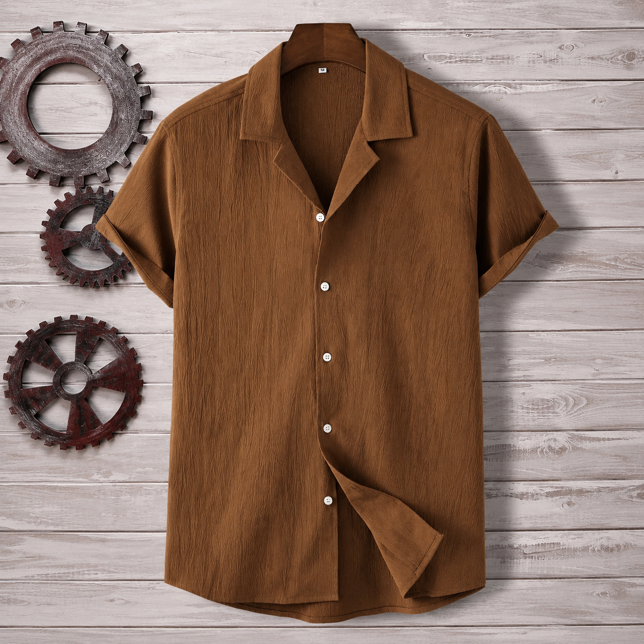 Casual Textured Lapel Collar Short Sleeve Button Up Shirt For Men