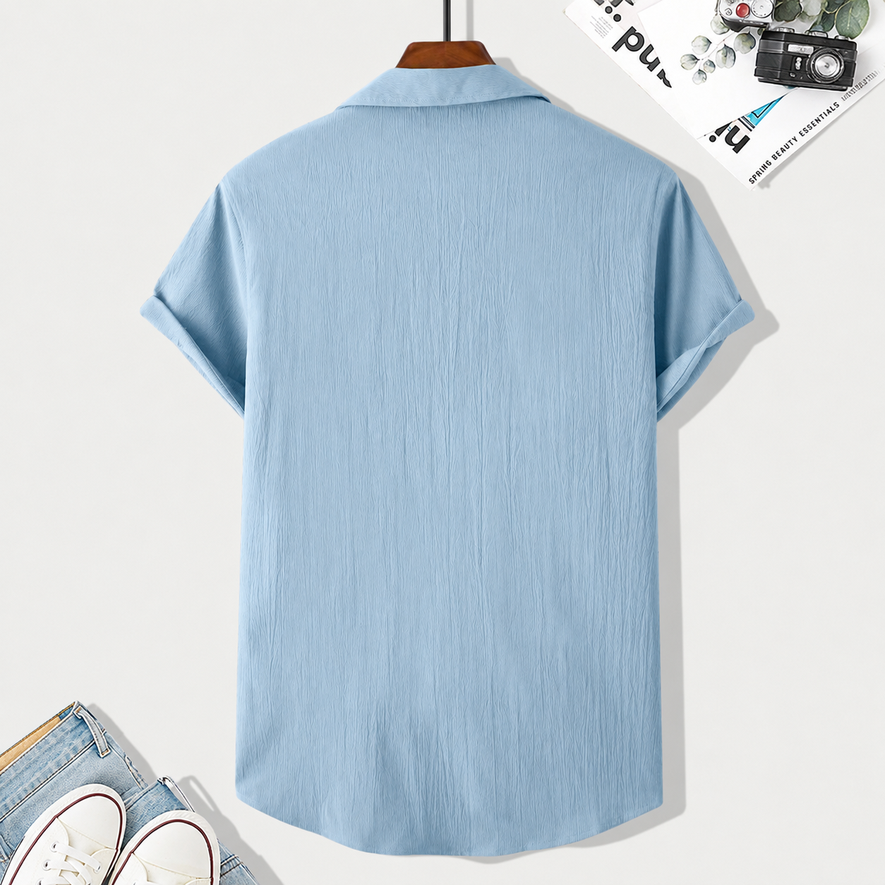 Casual Textured Lapel Collar Short Sleeve Button Up Shirt For Men