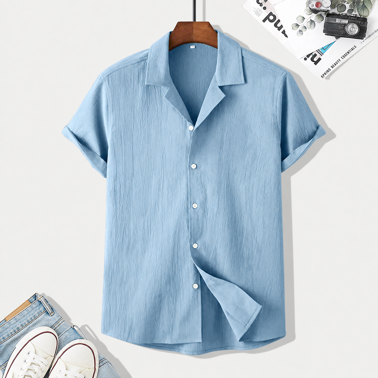 Casual Textured Lapel Collar Short Sleeve Button Up Shirt For Men