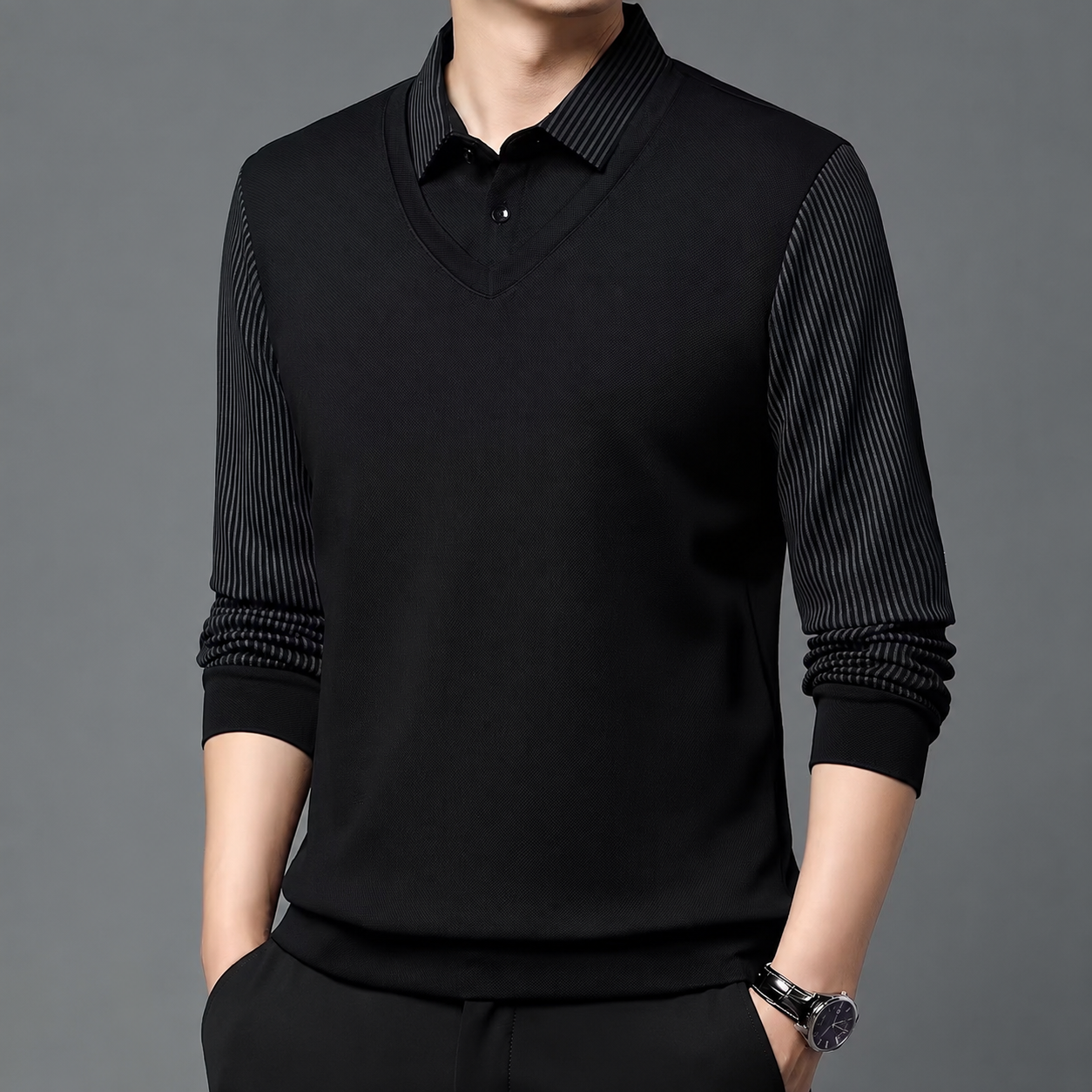 Classic Layered Collar Long Sleeve Casual T Shirt For Men