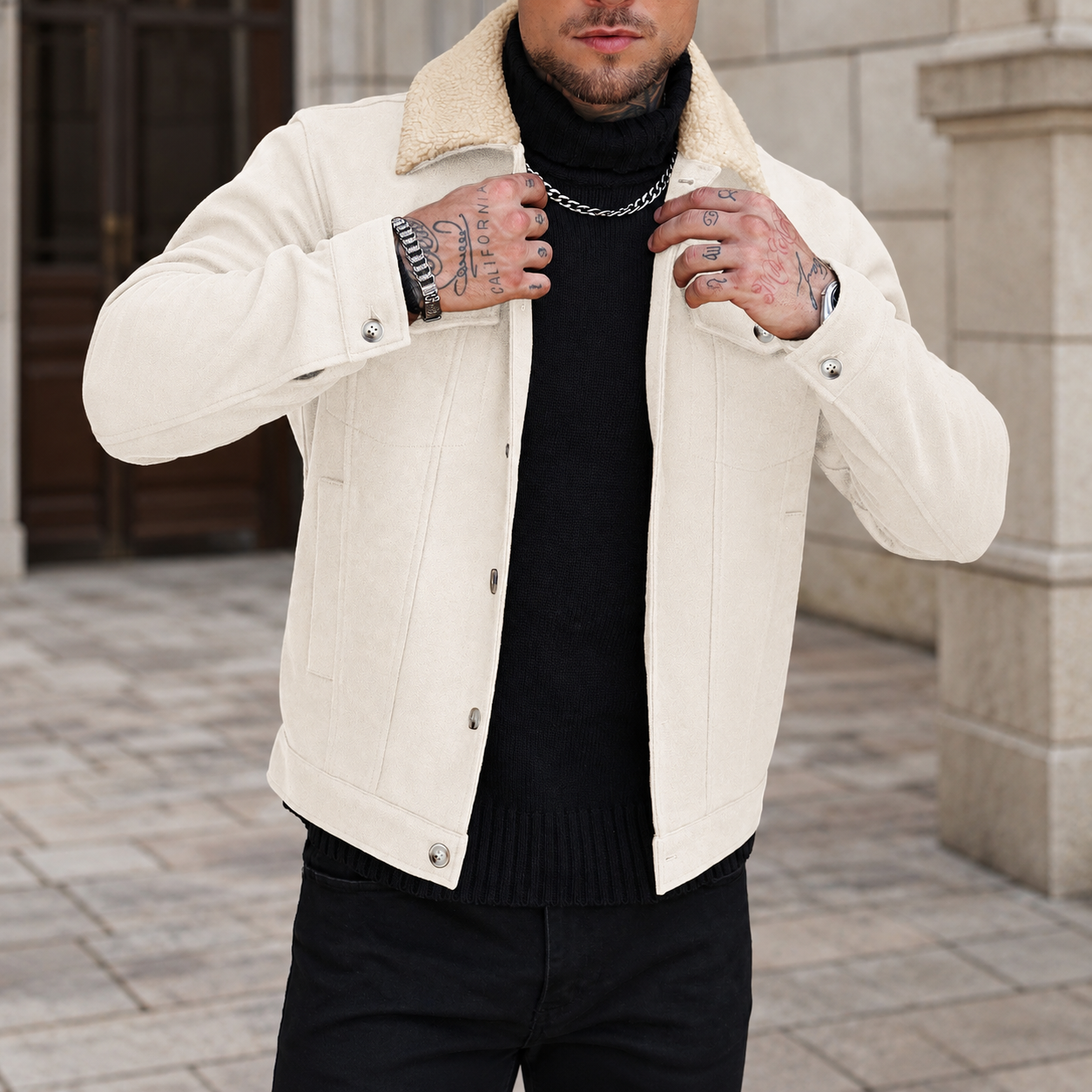 Patchwork Teddy Fleece Wool Blend Cropped Overcoat For Men