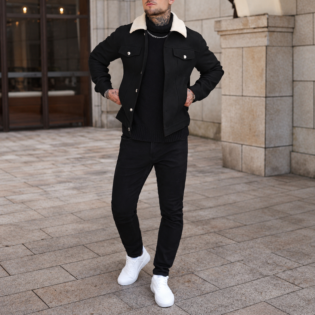 Patchwork Teddy Fleece Wool Blend Cropped Overcoat For Men