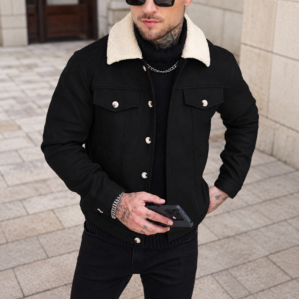 Patchwork Teddy Fleece Wool Blend Cropped Overcoat For Men