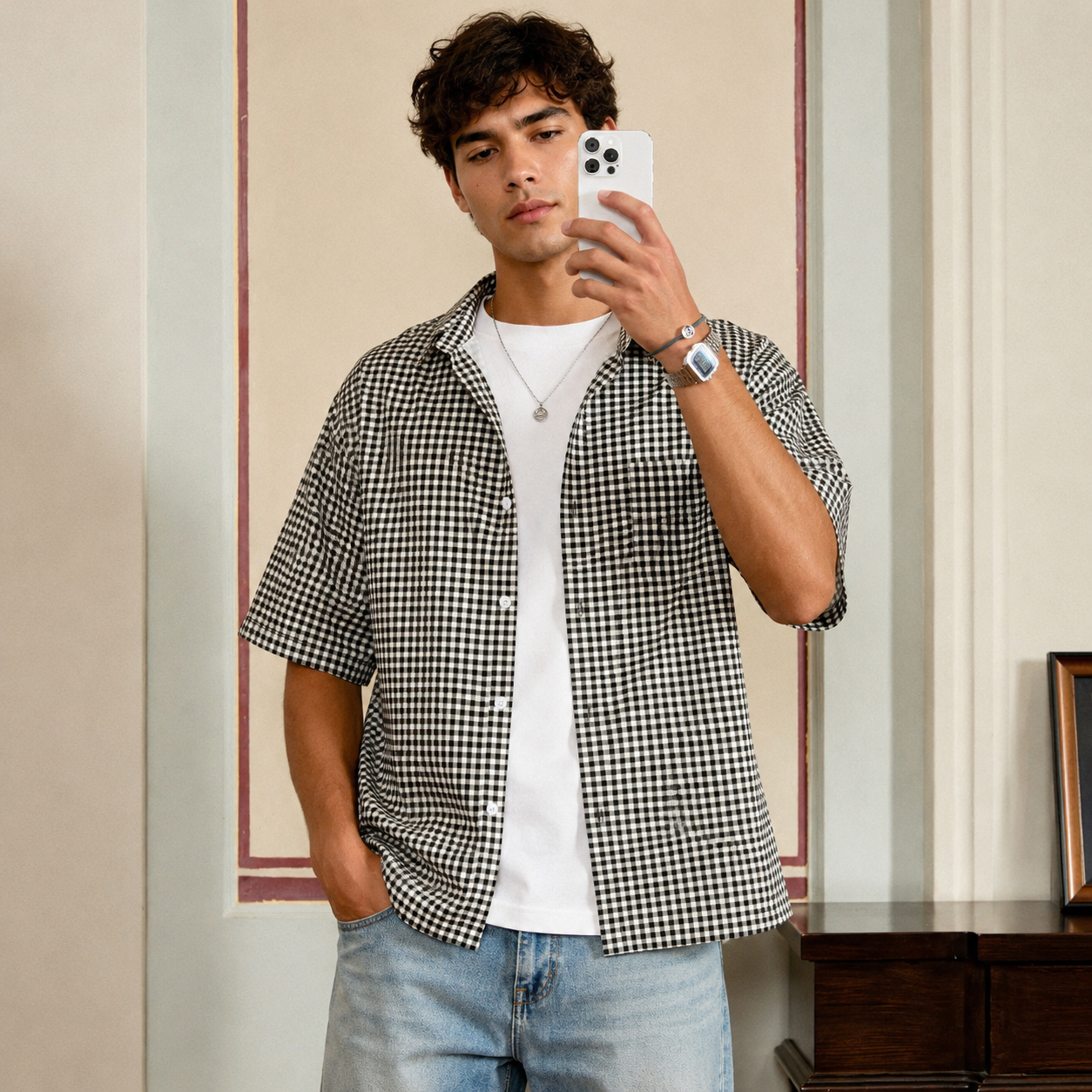 Loose Fit Classic Checkered Short Sleeve Button Up Casual Shirt For Men