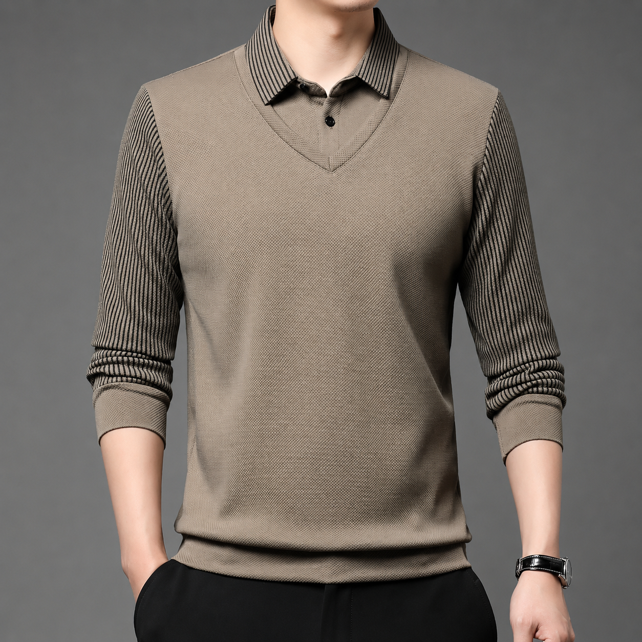 Classic Layered Collar Long Sleeve Casual T Shirt For Men