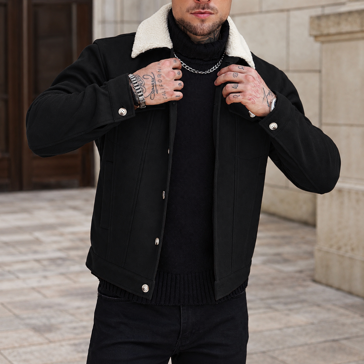 Patchwork Teddy Fleece Wool Blend Cropped Overcoat For Men