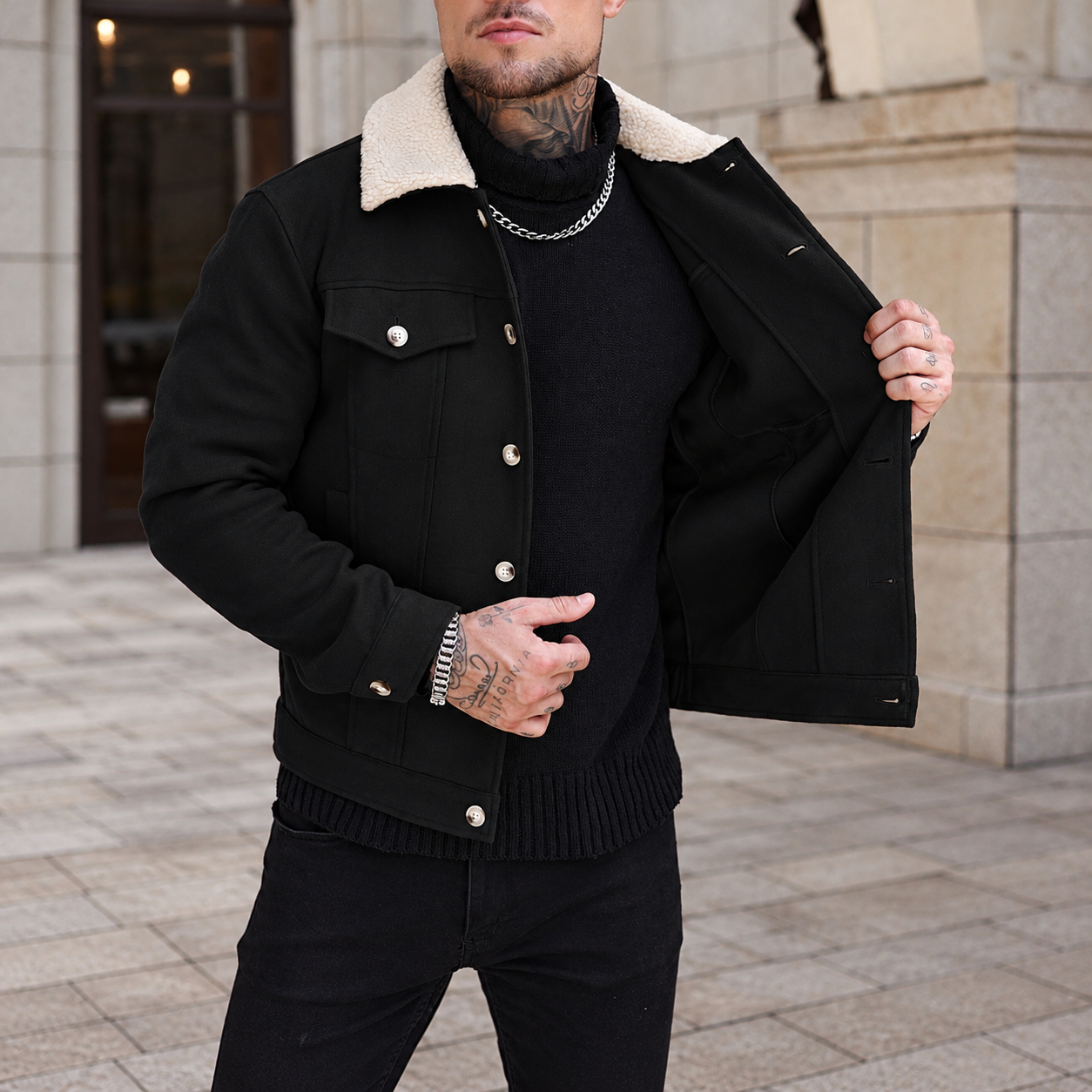 Patchwork Teddy Fleece Wool Blend Cropped Overcoat For Men