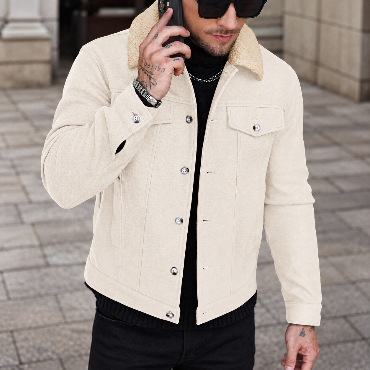 Patchwork Teddy Fleece Wool Blend Cropped Overcoat For Men