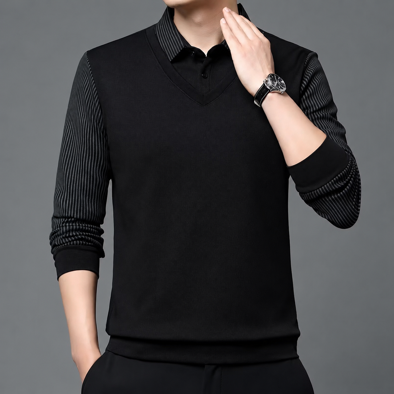 Classic Layered Collar Long Sleeve Casual T Shirt For Men
