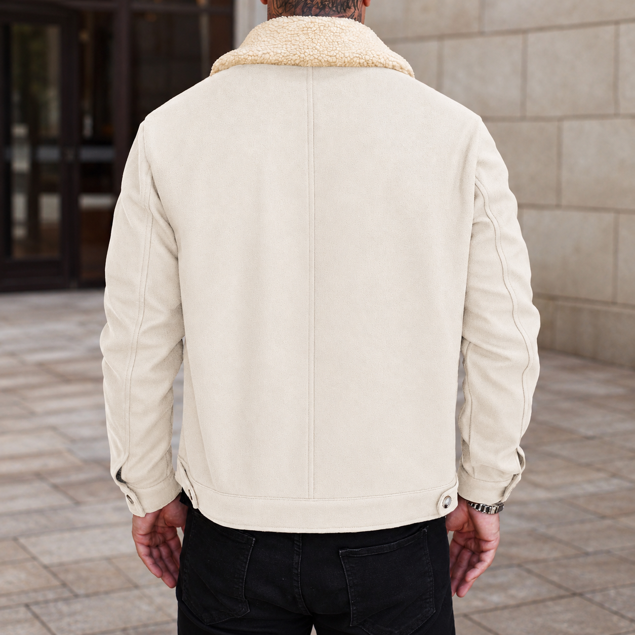 Patchwork Teddy Fleece Wool Blend Cropped Overcoat For Men