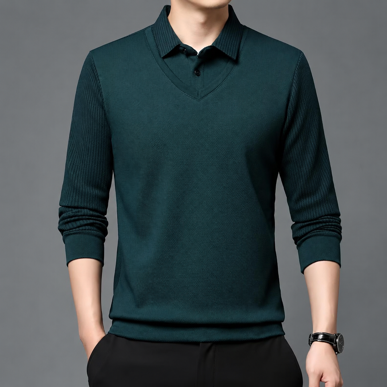 Classic Layered Collar Long Sleeve Casual T Shirt For Men