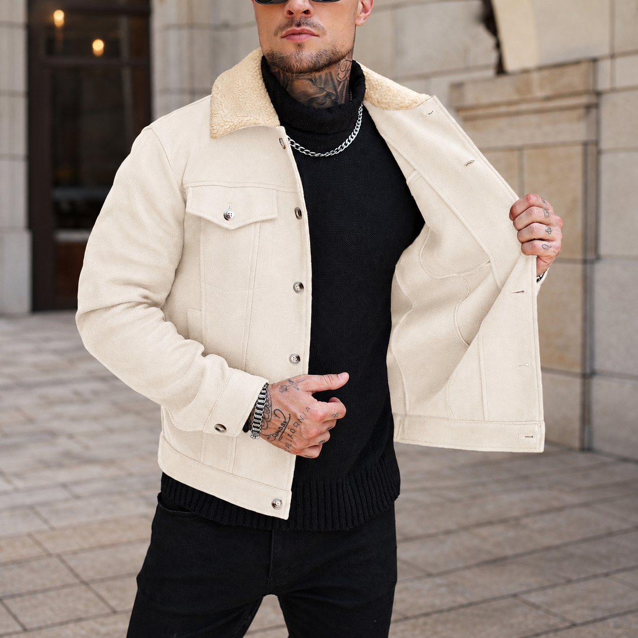 Patchwork Teddy Fleece Wool Blend Cropped Overcoat For Men