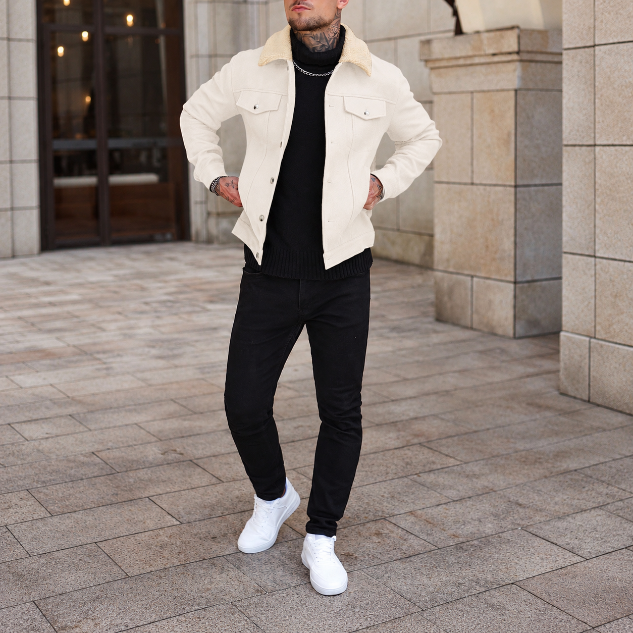 Patchwork Teddy Fleece Wool Blend Cropped Overcoat For Men