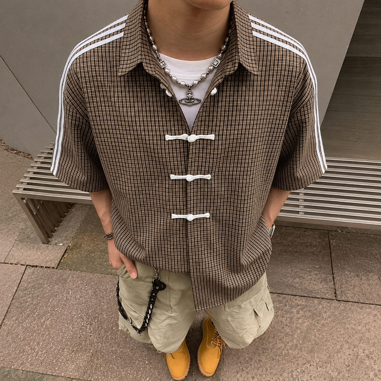 Vintage Street Style Plaid Cropped Short Sleeve Casual Shirt For Men