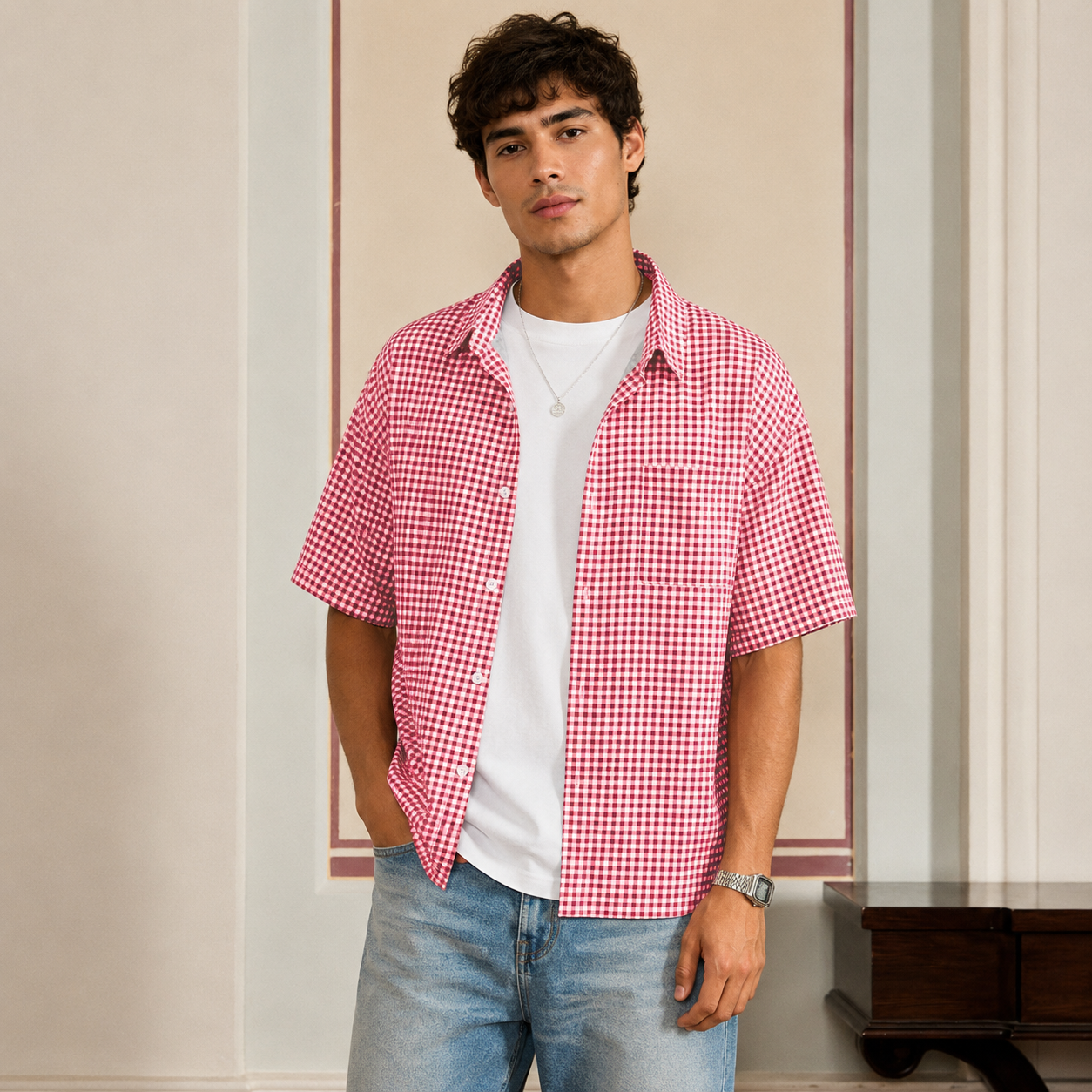 Loose Fit Classic Checkered Short Sleeve Button Up Casual Shirt For Men