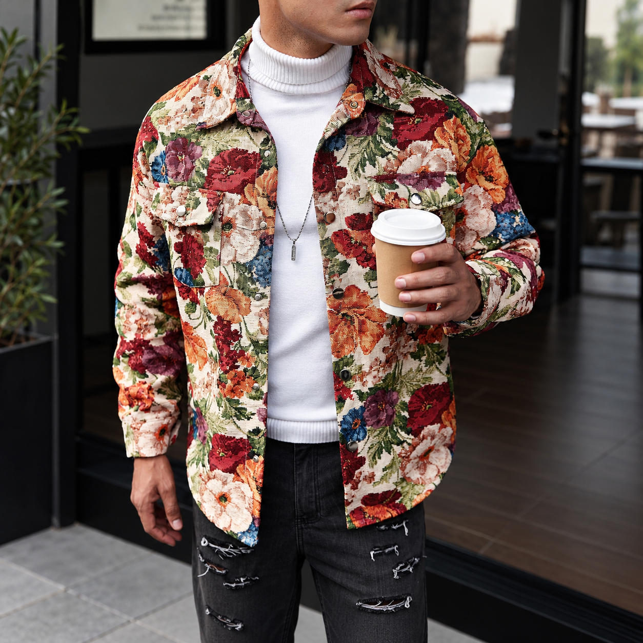 Vintage Floral Textured Jacquard Shirt Jacket With Cargo Pockets For Men
