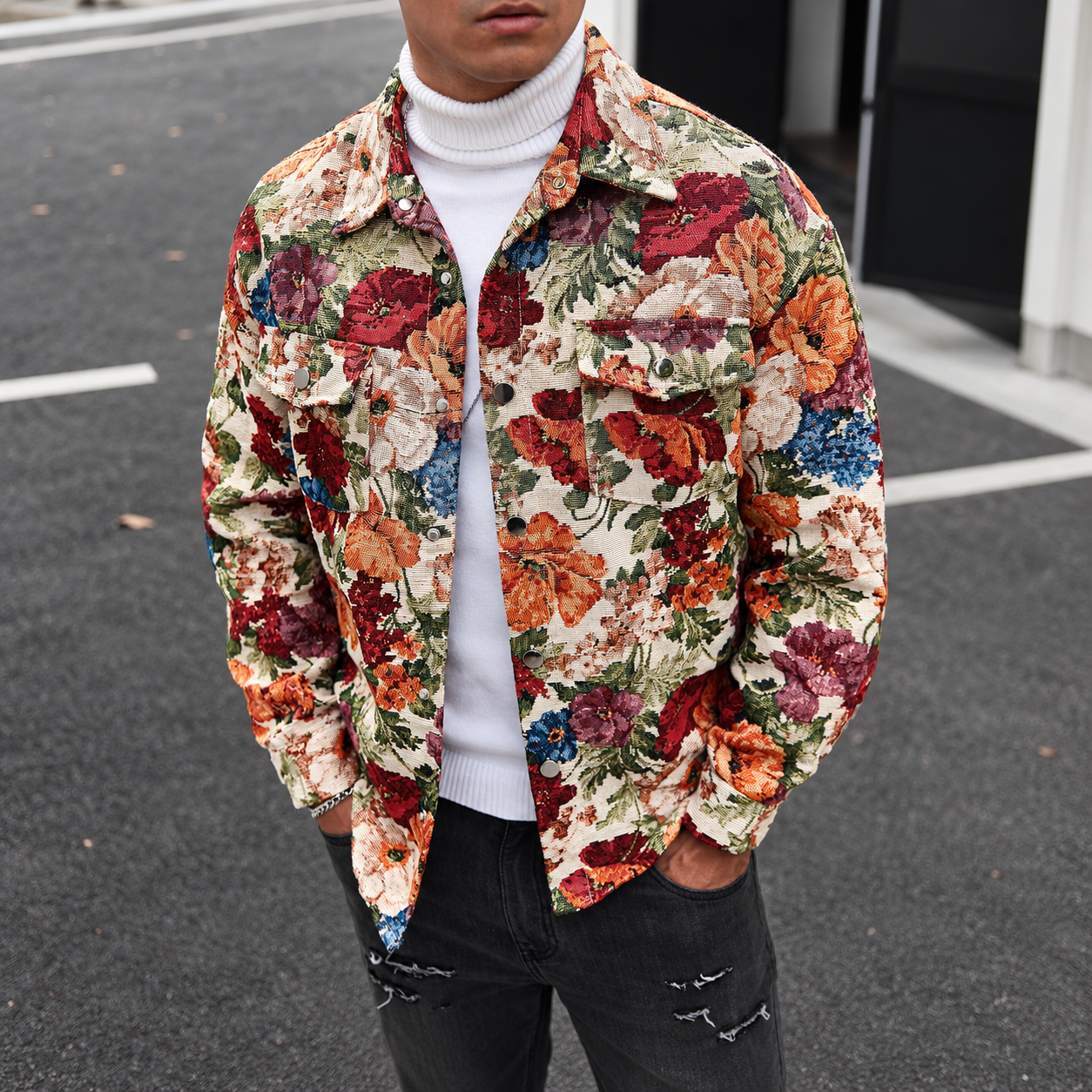 Vintage Floral Textured Jacquard Shirt Jacket With Cargo Pockets For Men