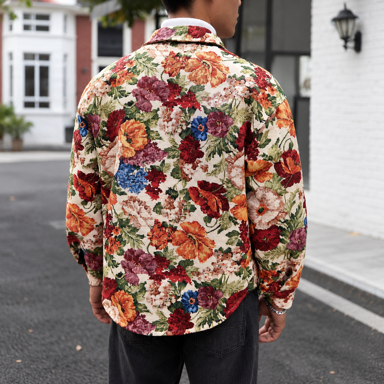 Vintage Floral Textured Jacquard Shirt Jacket With Cargo Pockets For Men