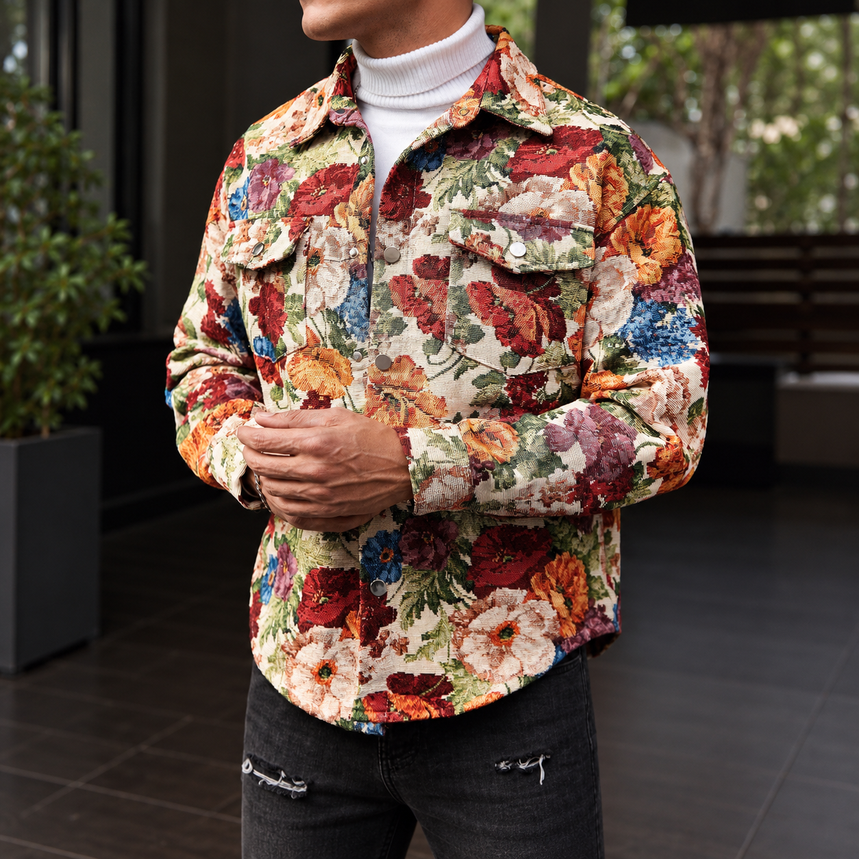 Vintage Floral Textured Jacquard Shirt Jacket With Cargo Pockets For Men